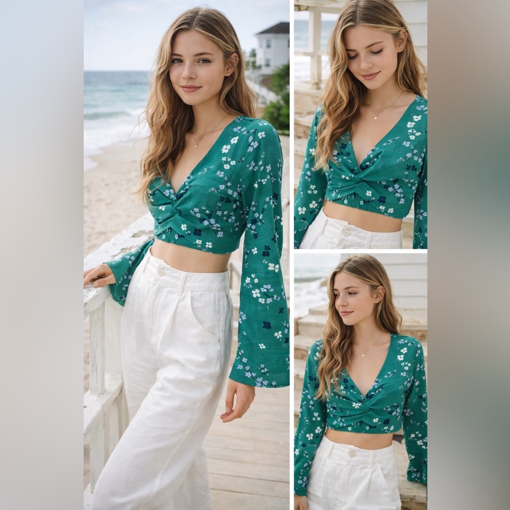 NWT MINKPINK Green Floral Twist Front Crop Top Bell Sleeve Boho Blouse Size XS
